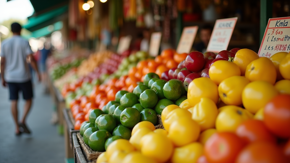 Eye-level view of a colorful fruit and vegetable market