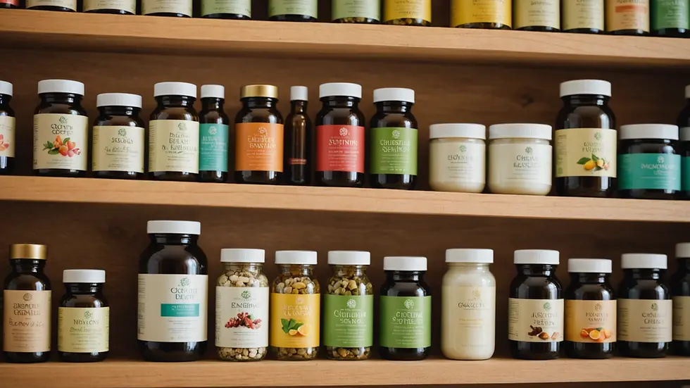 Close-up view of an assortment of wellness products on a shelf