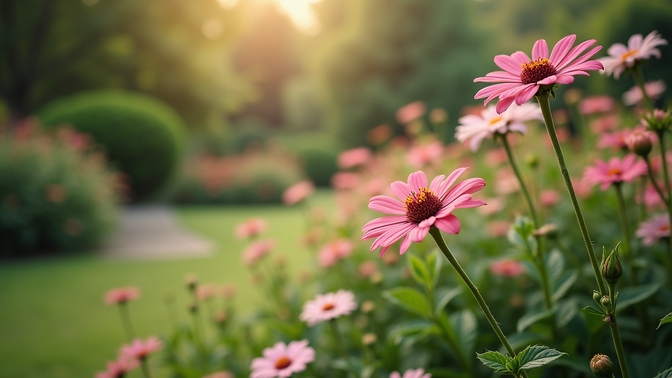 High angle view of a tranquil garden with blooming flowers