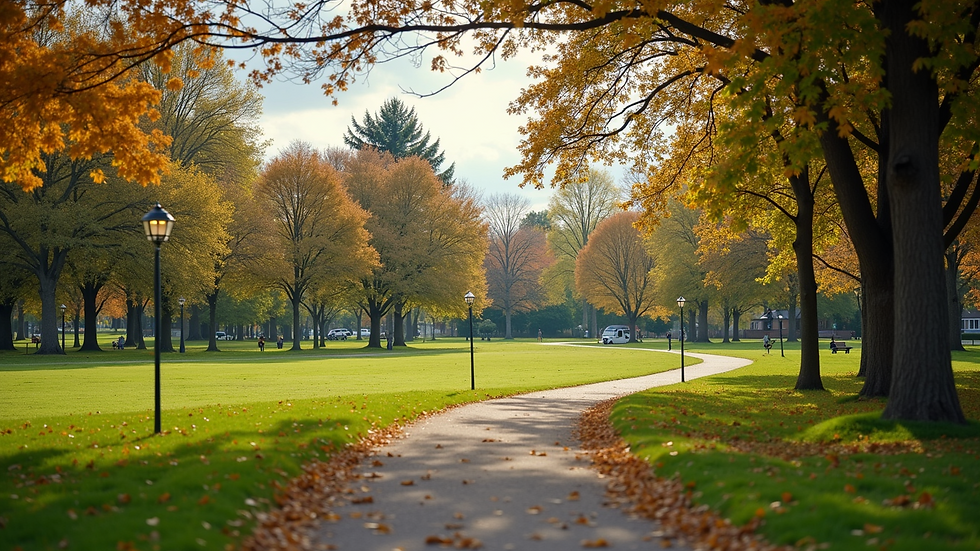 Wide angle view of a community park with walking trails