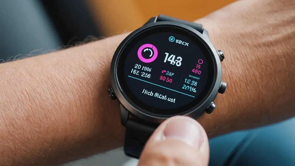 Close-up view of a fitness tracker displaying health data