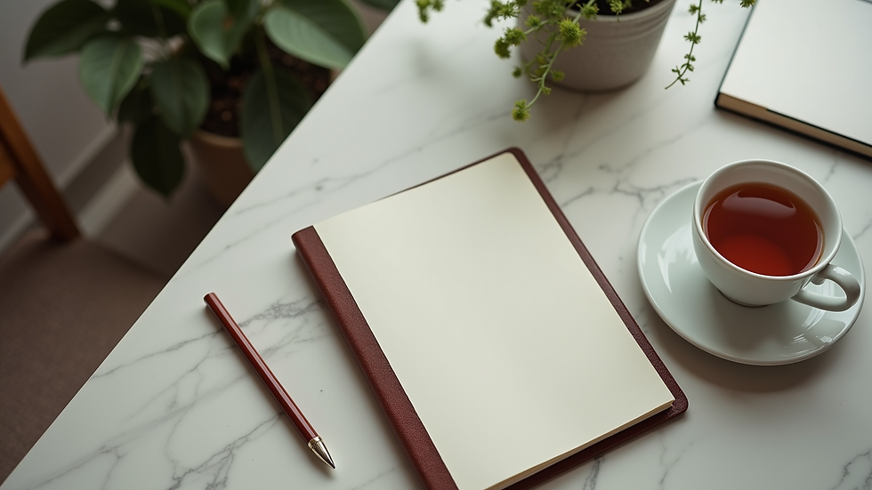 High angle view of a serene workspace with a journal and a cup of tea