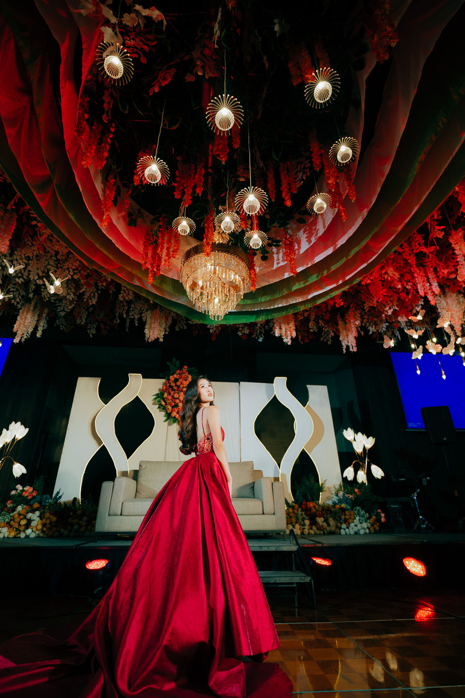 Red ball gown for a debut made by Alyssa de Guzman Couture for a debut in Sta Rosa Laguna