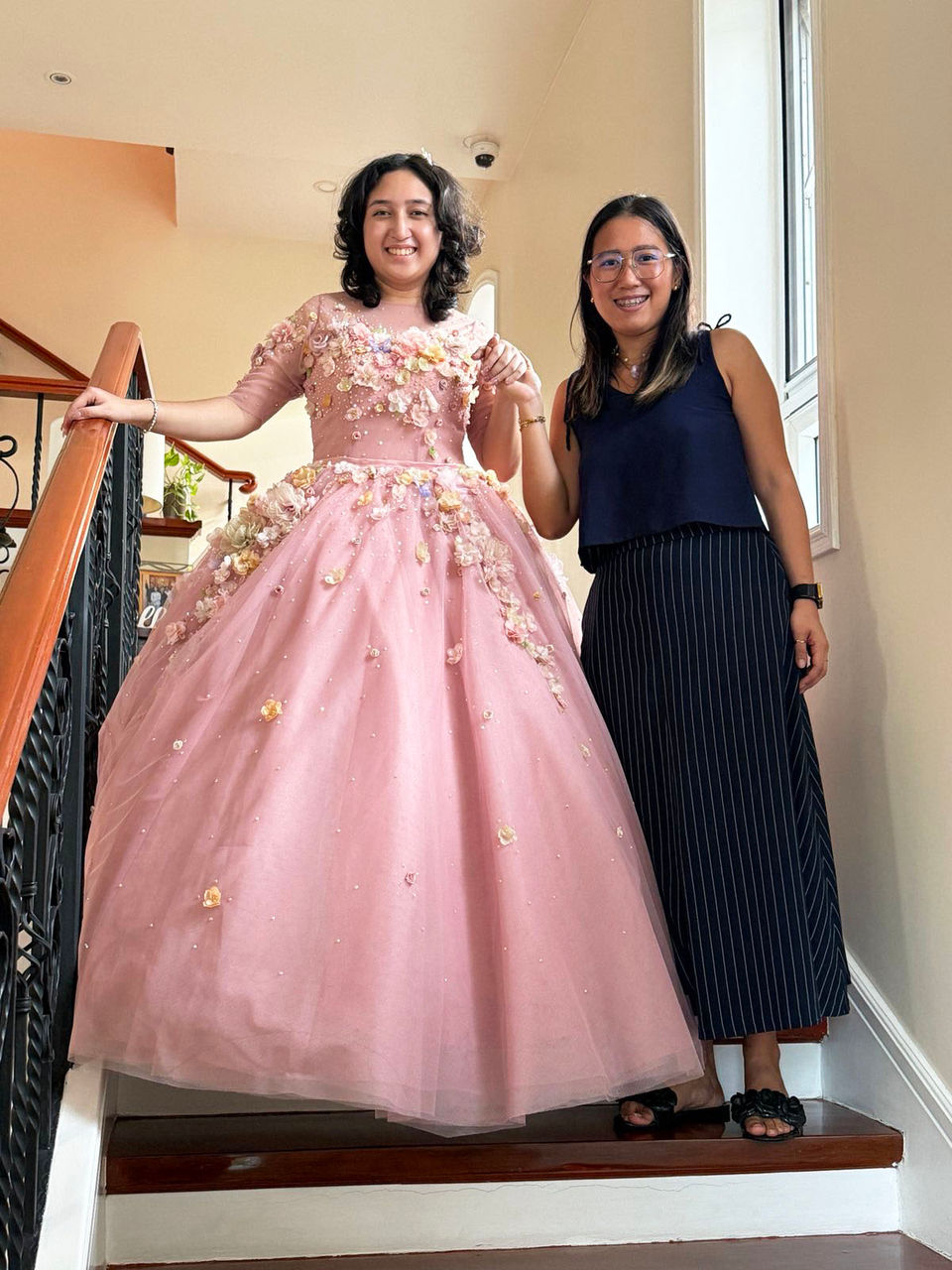 Blush pink tulle ball gown with petticoat hand sewn flower applique and crystal studs made by Alyssa de Guzman Couture for a graduation ball by Collegio San Agustin Makati