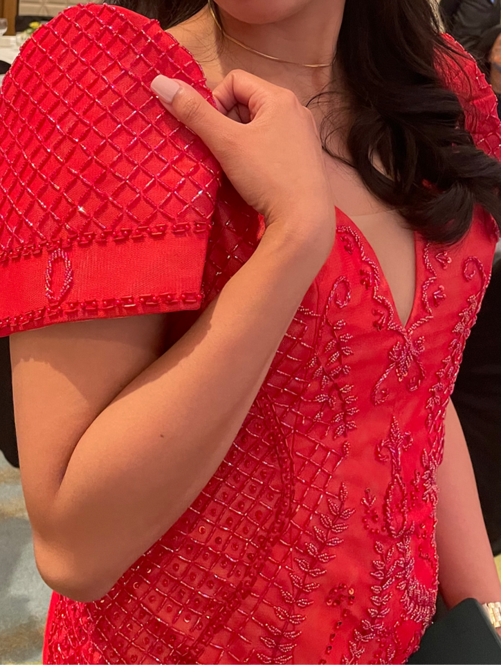 Red fully beaded modern Filipiniana gown by Alyssa de Guzman Couture for medical doctor graduation