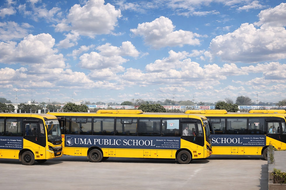 Uma Public School Buses ready to departure from its campus in various parts of Greater Noida.