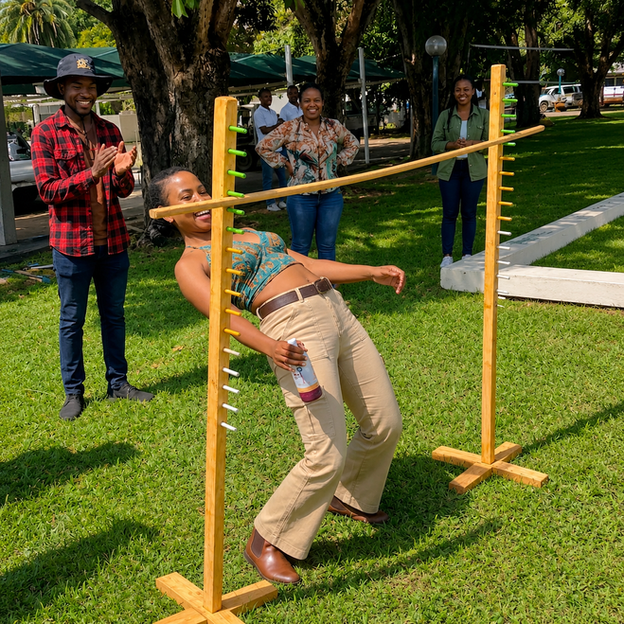 Woman playing limbo at garden games hire Harare event.
