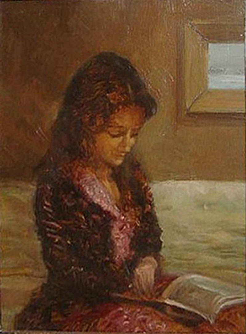 'Portrait of Patricia Andrew reading book' oil on board 24cm x 19cm