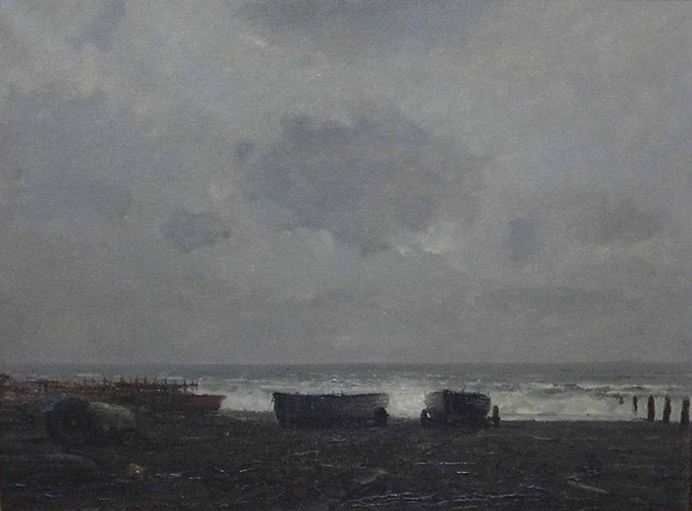 'Fishing boats in Winter, Bognor Beach' (1978) oil on canvas 59 cm x 81cm