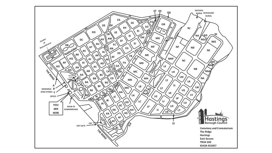 Diagram of Hastings Crematorium and Cemetery site map showing the layout of the 87-acre site, including various features such as the crematorium chapel, car park, memorial areas, pathways, and gardens.