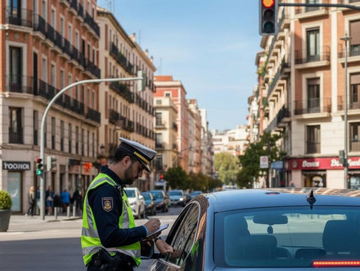 Fotografía profesional de un agente de tráfico en una ciudad española, anotando en una libreta junto a la ventanilla de un coche detenido en un cruce urbano con edificios clásicos de fondo.