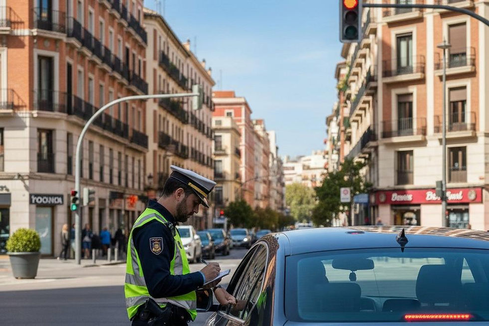 Fotografía profesional de un agente de tráfico en una ciudad española, anotando en una libreta junto a la ventanilla de un coche detenido en un cruce urbano con edificios clásicos de fondo.
