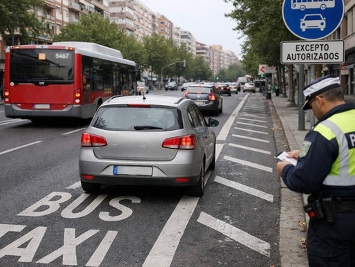 Multa por circular por el carril bus en ciudad con agente sancionando vehículo