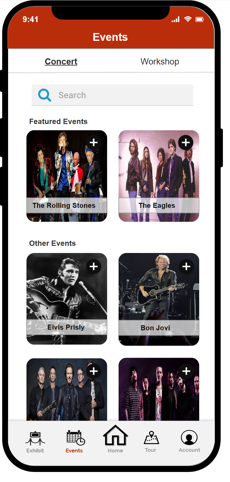 Switch to the workshop page and search by band or artist; add a concert or workshop to your tour plan.