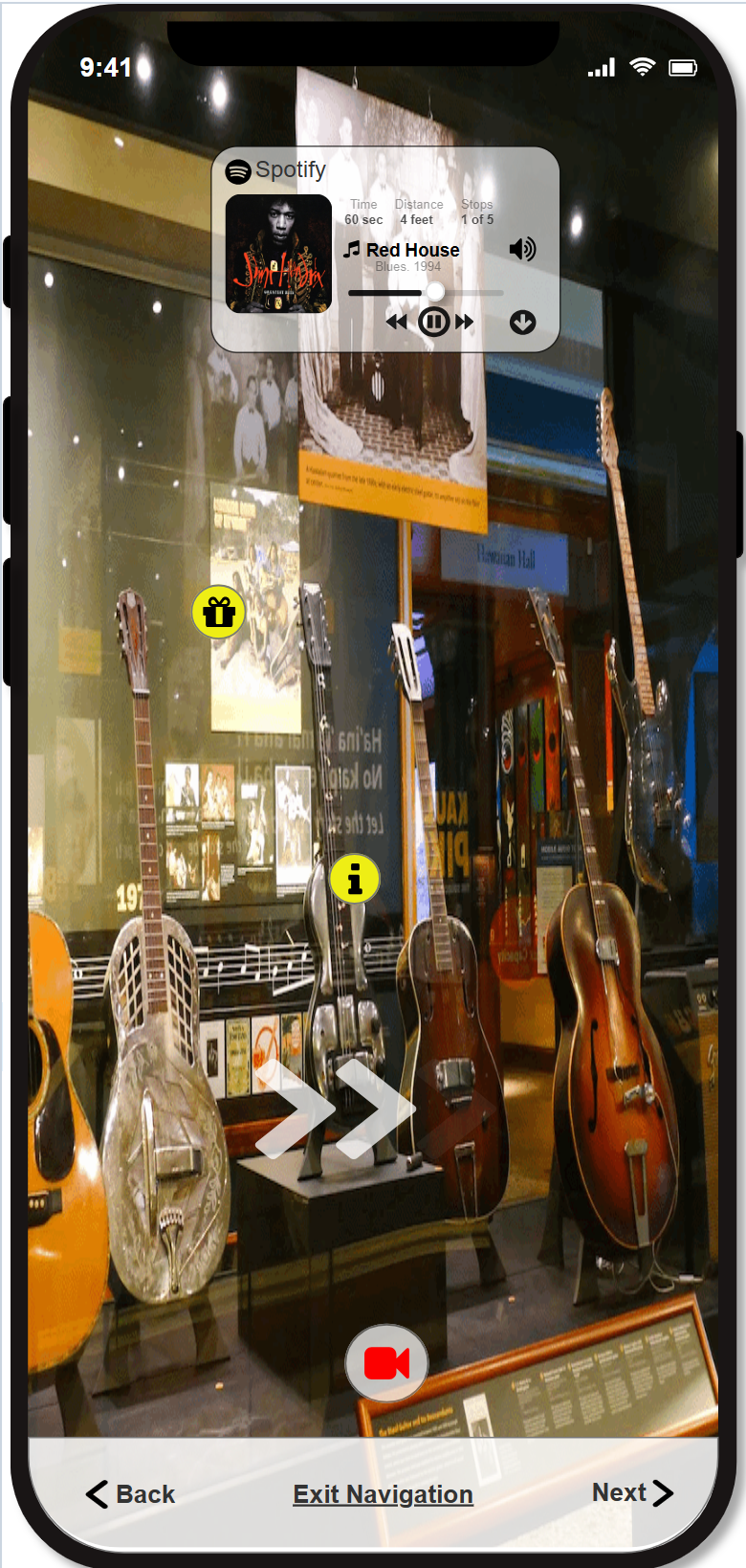 Inside an exhibit, visitors hear the instruments or songs performed, with directional cues to the next stop.