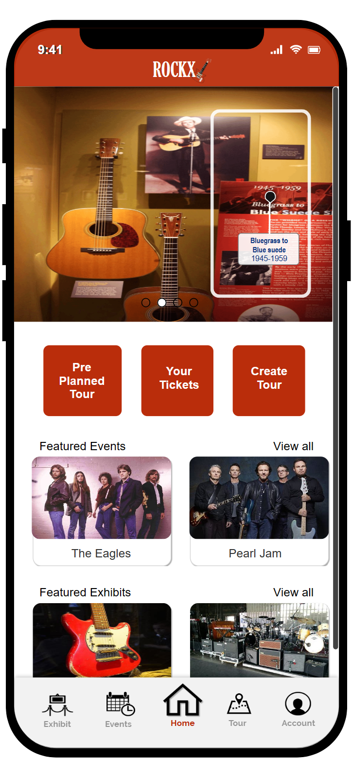 Tap a pre-planned tour for details. Bottom nav lets visitors move between events, exhibits, account, and tours.