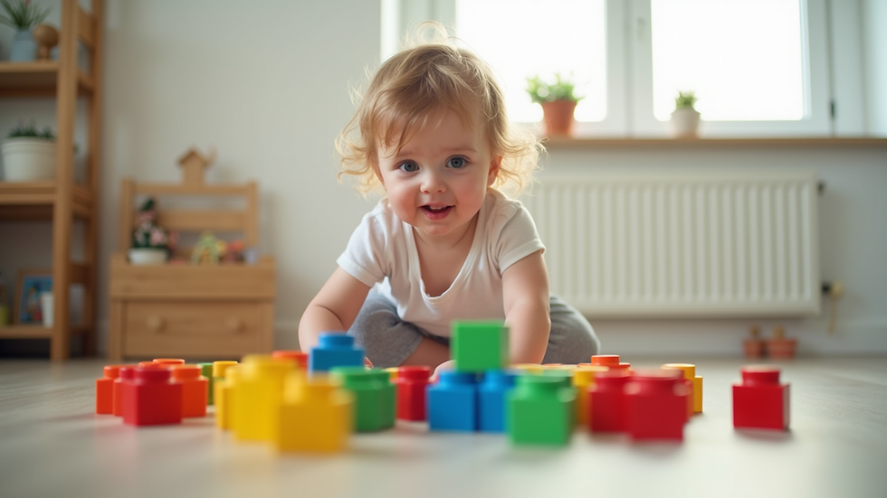 Eye-level view of a child playing with colorful building blocks in a bright room