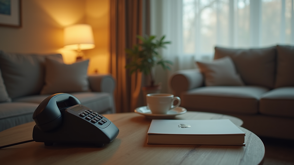 Eye-level view of a cozy living room with a phone on a table