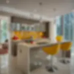 Contemporary kitchen with glossy cabinets, yellow bar stools, and a bright backsplash adding a pop of color to a neutral base.