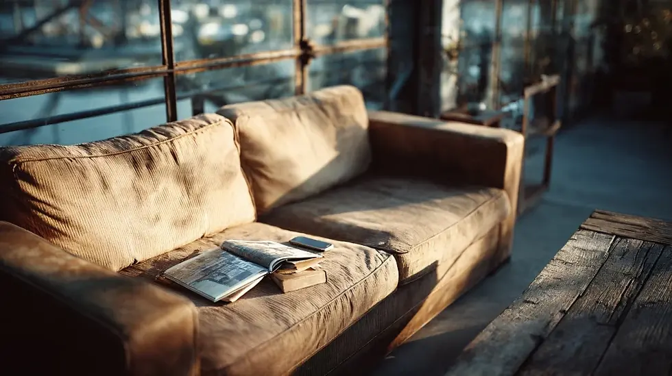Hyper-realistic close-up render of a worn beige sofa with books placed on it in a sunlit industrial interior.