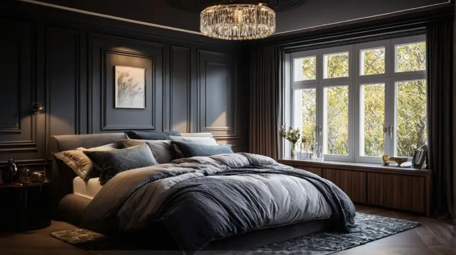 Luxury bedroom with glass chandelier and layered textiles.