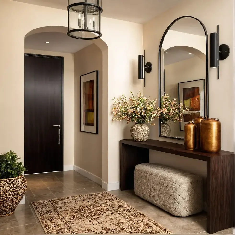Stylish entryway with mirror, console table, gold vases, and floral decor showing a welcoming and sophisticated home entrance design.