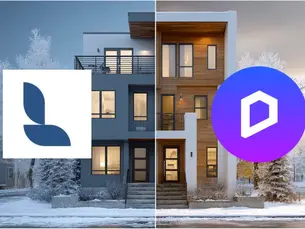 Side-by-side comparison of Lumion and D5 Render results showing a modern house in winter lighting conditions.