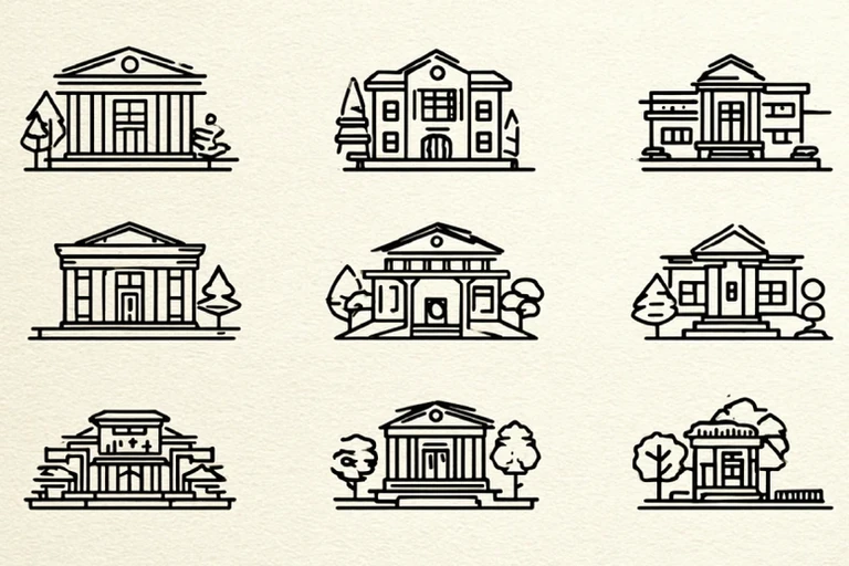 Cuadrícula de nueve iconos de línea en negro con distintos estilos de edificios y árboles, en una ilustración minimalista dibujada a mano