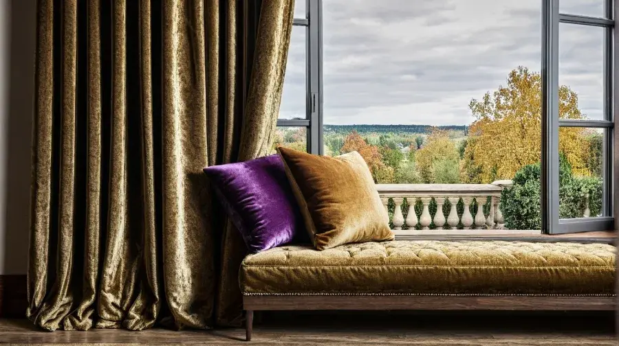 Luxurious seating nook with velvet drapes and jewel-toned cushions.