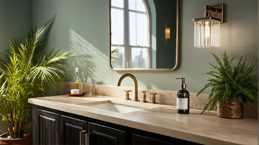 A modern bathroom featuring a round mirror, a stone basin, a long wooden vanity, and green walls with multicolored herringbone tiles; decorated with many plants.