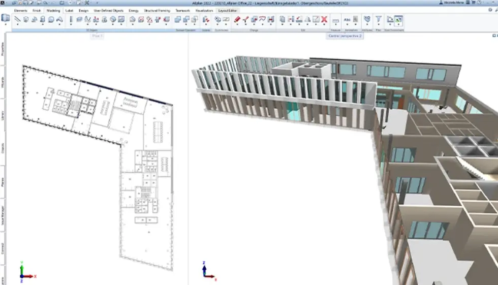 Allplan Architecture interface showing a 2D floor plan and a 3D building model side by side.