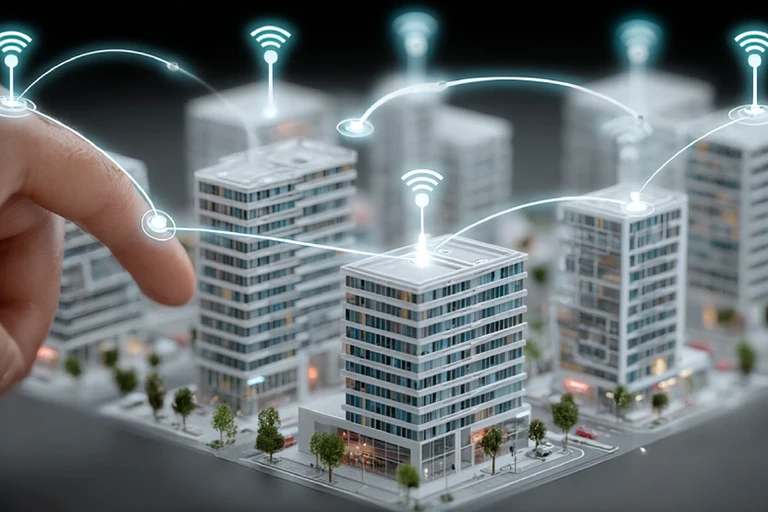 Render 3D de una manzana urbana en miniatura con iconos de wifi brillantes conectando azoteas mientras un dedo toca un nodo