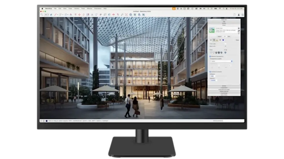 Trimble software interface displaying an interior visualisation with advanced rendering settings.