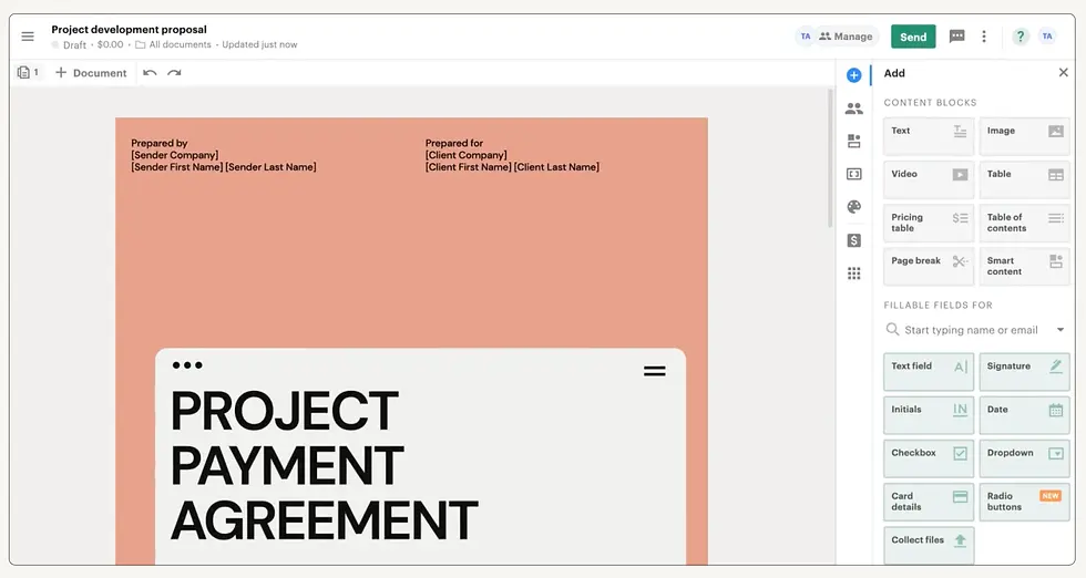 PandaDoc editor showing a document layout with content blocks, form fields and customization tools for creating proposals.