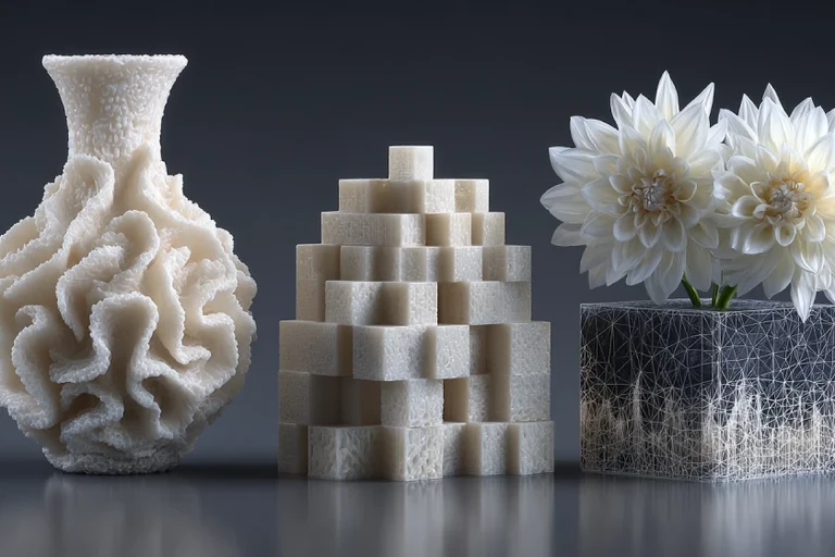 Tre vasi renderizzati in 3D con texture a corallo, cubi e wireframe geometrico con fiori bianchi