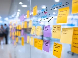 Colorful sticky notes arranged on a glass wall with blurred people collaborating in an office background during a project planning session.