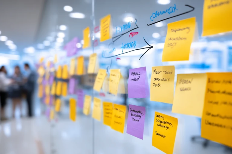 Post-it gialli e viola con diagrammi di flusso scritti a mano ricoprono una parete di vetro mentre alcuni colleghi discutono sullo sfondo sfocato