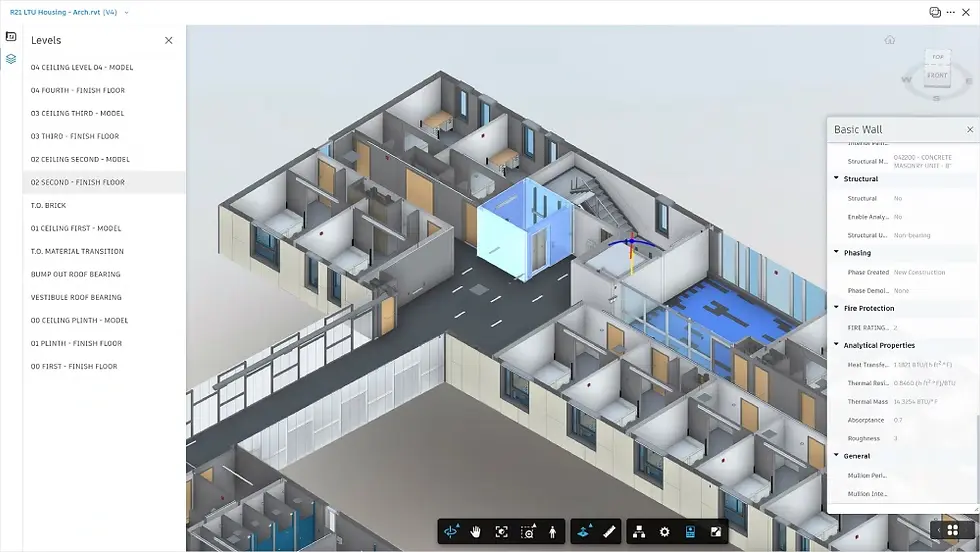 Autodesk Docs interface displaying a detailed 3D Revit building model with levels, properties and navigation tools.