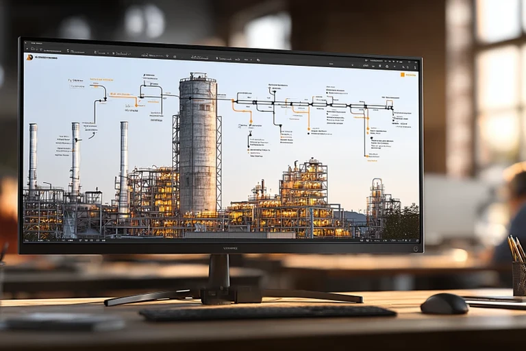 Monitor curvo de escritorio en una oficina que muestra un render 3D de una planta industrial con diagramas de flujo superpuestos