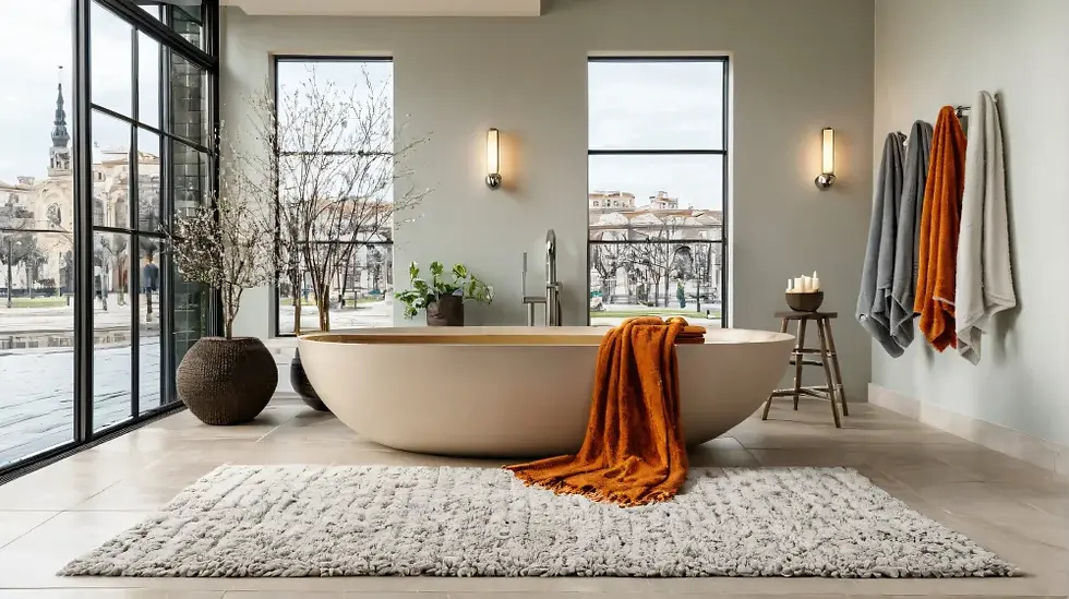 A spacious bathroom with large windows showing a city and park view; includes a freestanding oval tub, warm orange towels, indoor plants, and a soft textured rug.