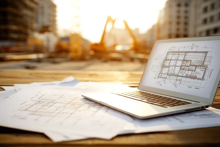 Un laptop mostra una planimetria sullo schermo appoggiato su disegni tecnici su un tavolo di legno in un cantiere assolato