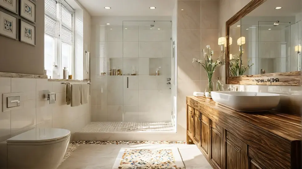 A bright bathroom with a large glass shower, glossy beige tiles, and a wooden vanity with a vessel sink; decorated with flowers and soft natural lighting.