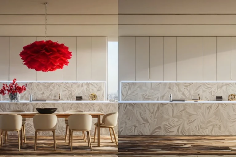 Rendering diviso di una sala da pranzo, prima con lampadario rosso e tavolo apparecchiato, dopo con i mobili rimossi digitalmente
