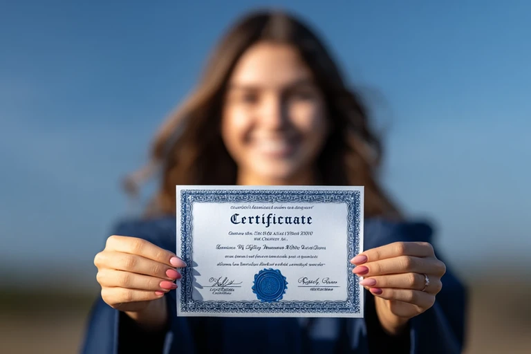 Una donna sorridente in toga di laurea mostra un certificato con sigillo blu e bordo decorato