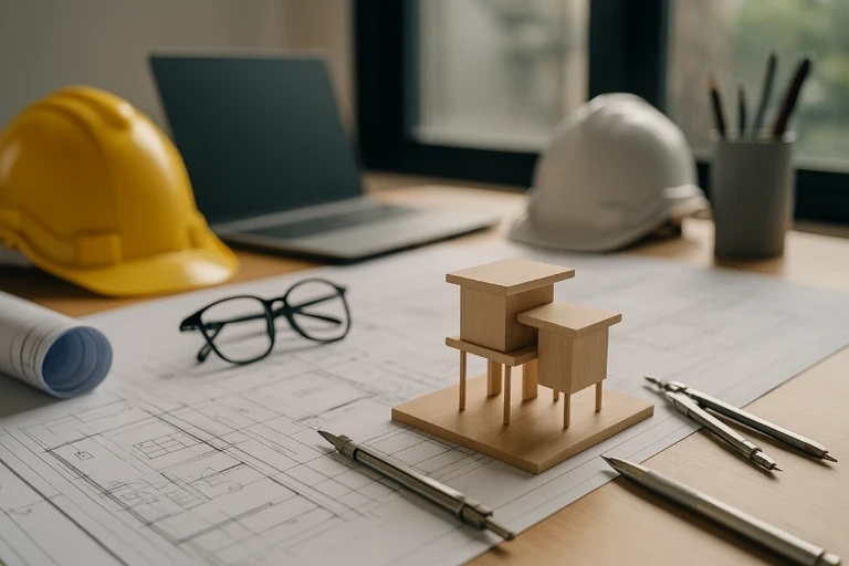 Un modellino architettonico in legno poggia su planimetrie accanto a caschi, occhiali, strumenti da disegno e un laptop