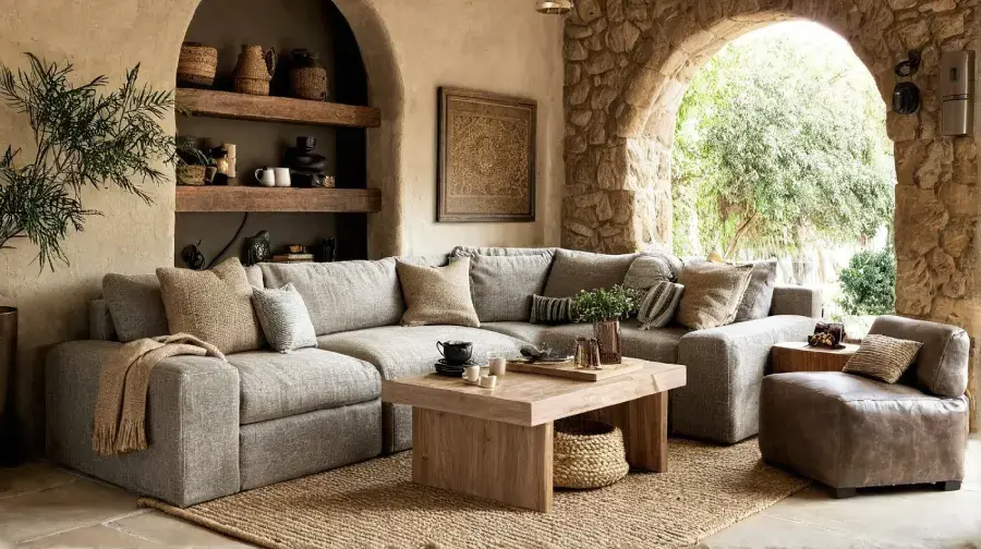 Greige neutral living room with layered textures and wood accents