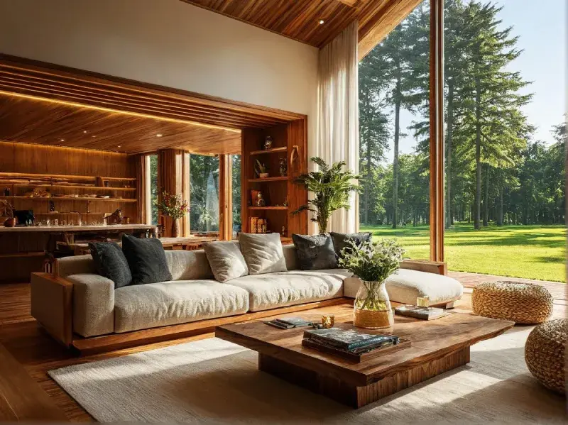 Open-concept living room with large sliding doors connecting to a green terrace, blending indoor and outdoor spaces naturally.