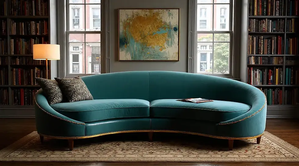 Elegant teal curved sofa in a cozy modern living space.