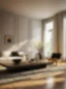 Elegant living room with wall moulding, natural light, and a wooden coffee table enhancing architectural details.