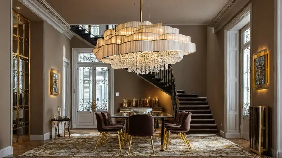 Elegant dining room with large statement chandelier and gold accents.